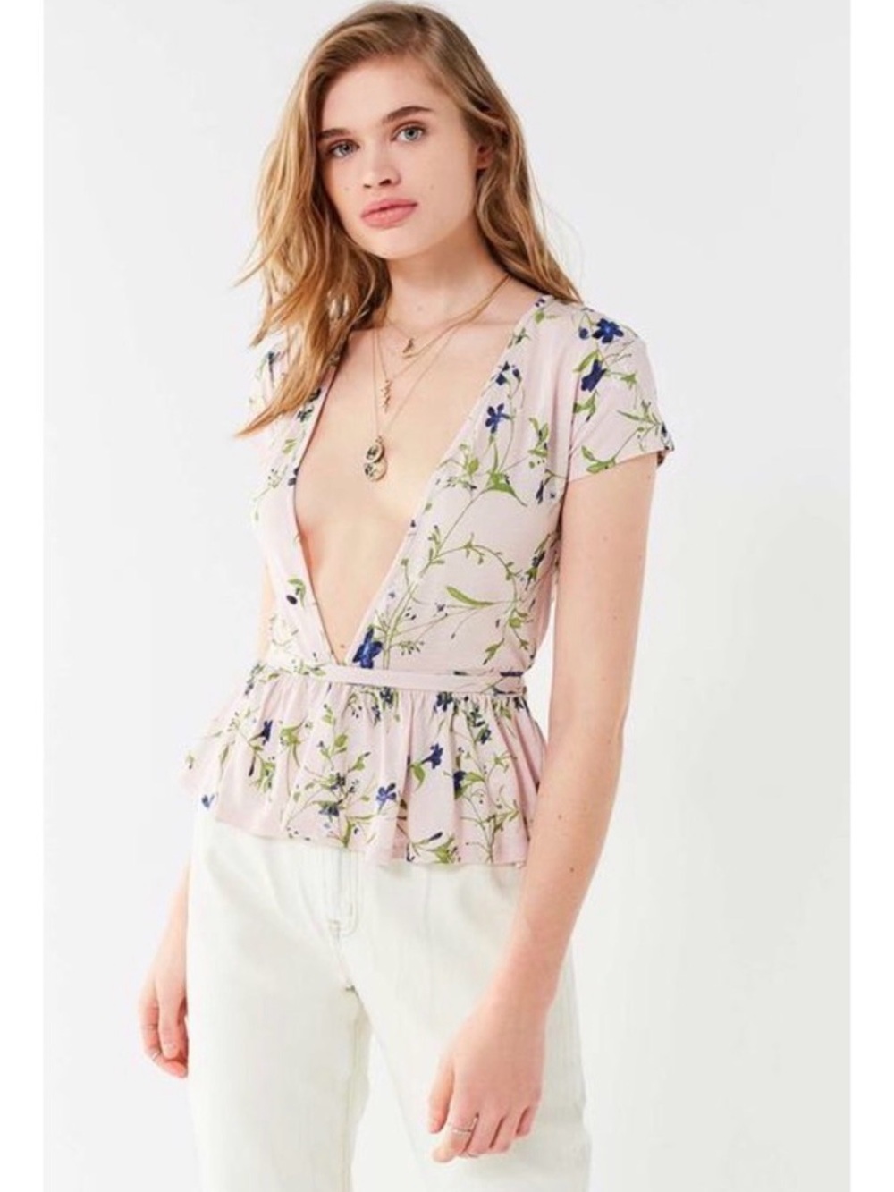 Urban Outfitters Pink Floral Deep V Peplum Top
